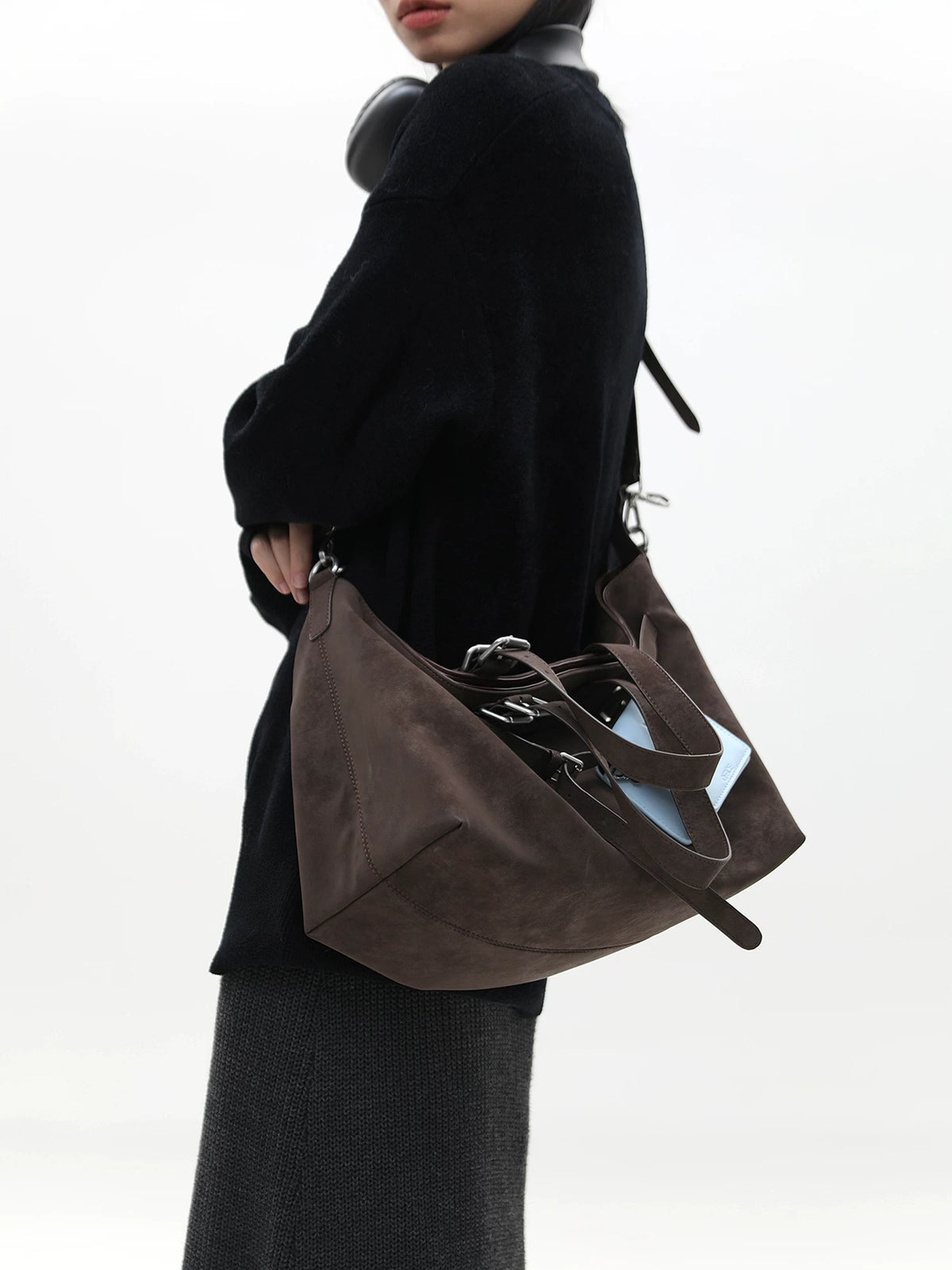 JANDRESS Deep Coffee Brown Suede Magnetic Snap Shoulder Bag