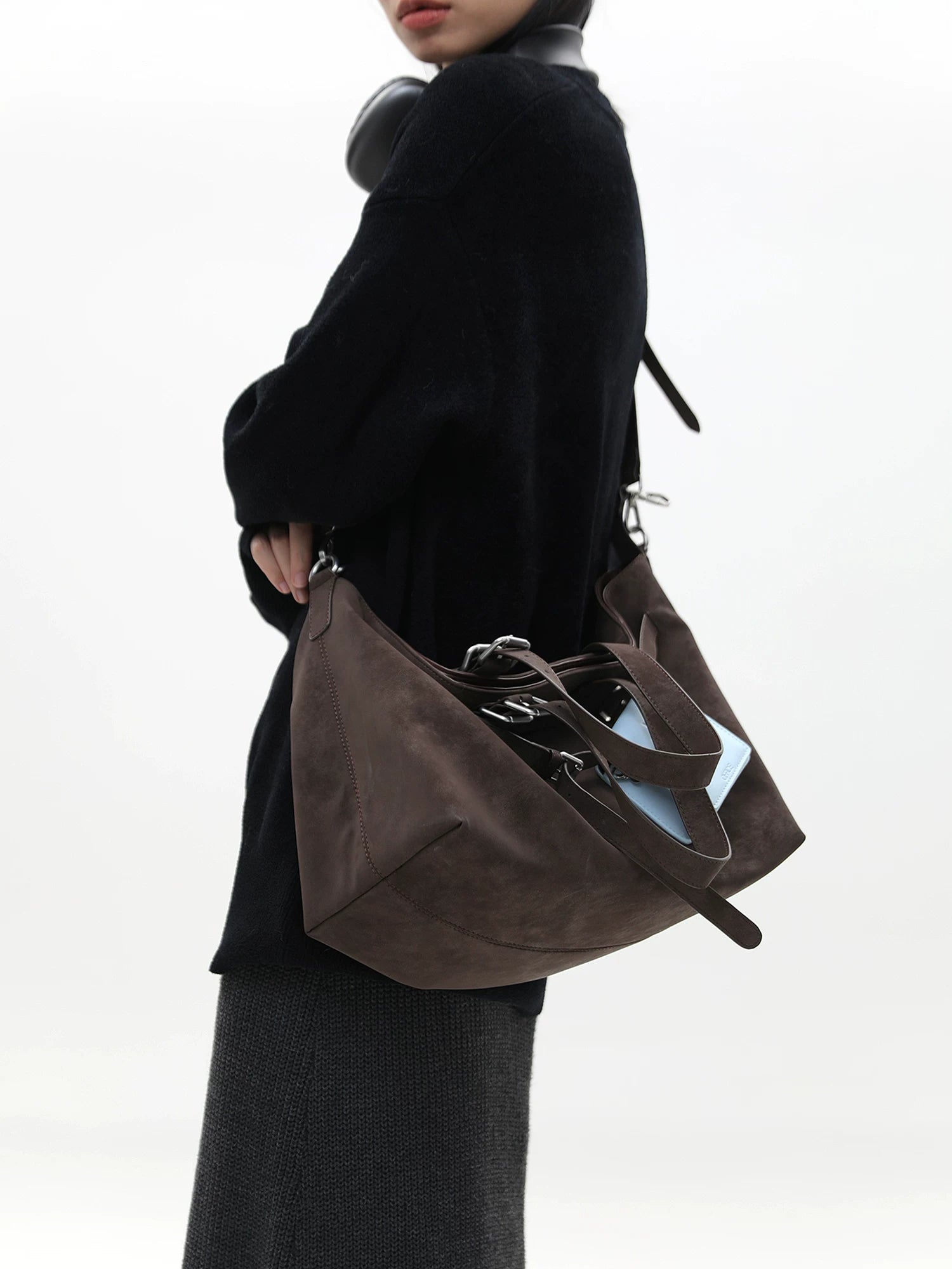 JANDRESS Deep Caramel Suede Shoulder Bag With Magnetic Snap