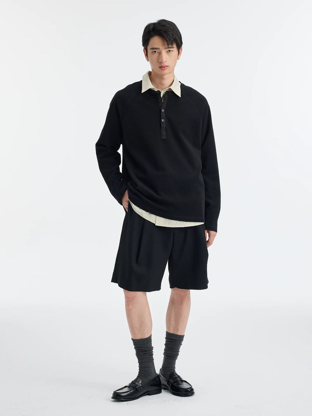 BUTTBILL Henry Neck Waffle Long Sleeve Sweater