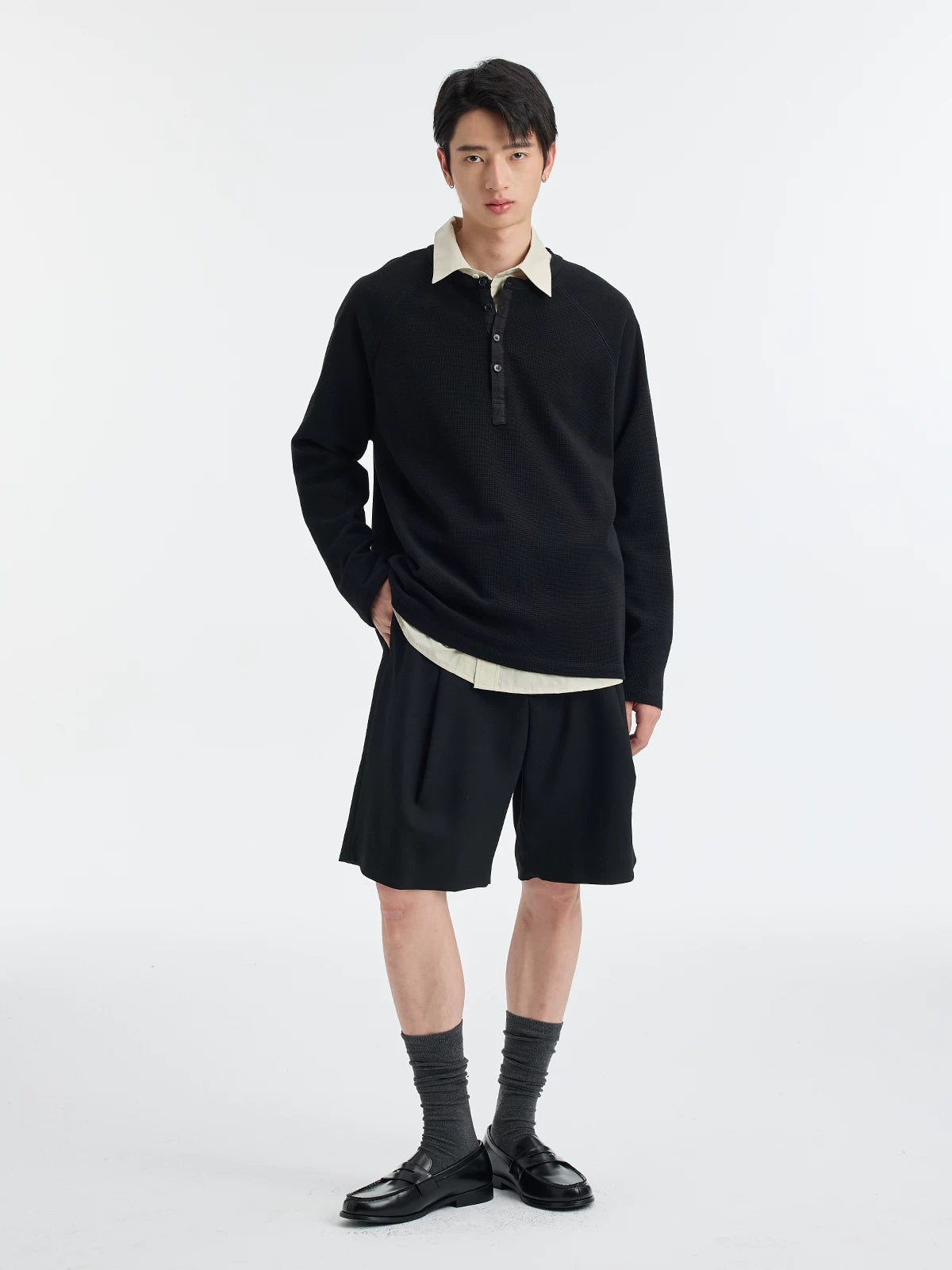 BUTTBILL Henry Neck Waffle Long Sleeve Sweater