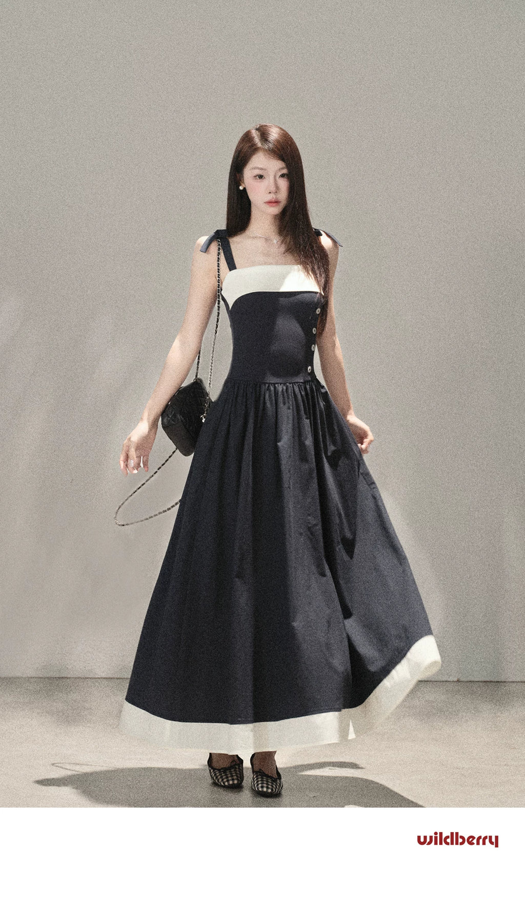 Wildberry Korean Style Strappy Dress with Patchwork Design High-Waist Long Dress