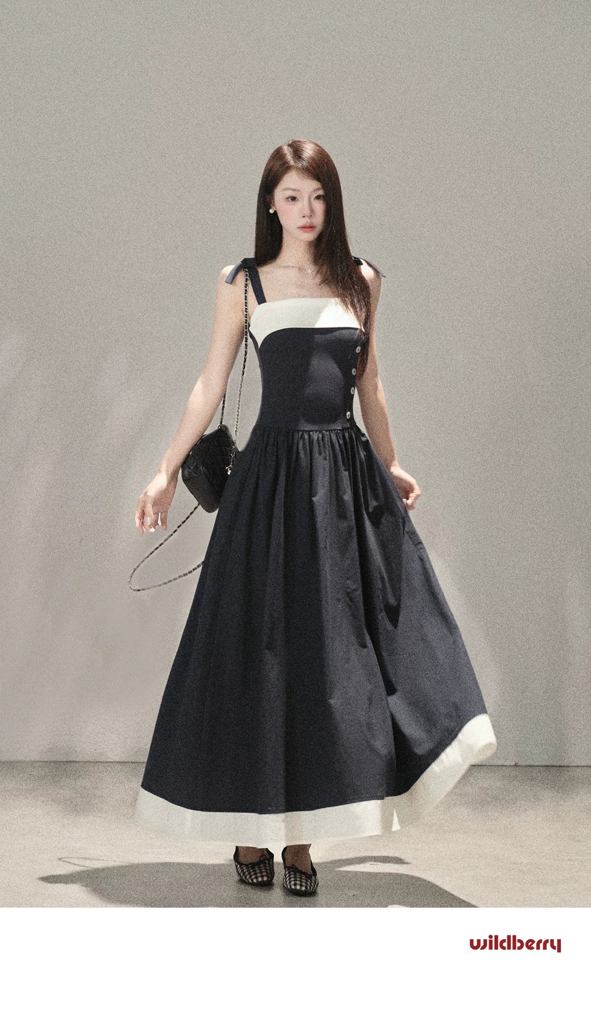 Wildberry Korean Style Strappy Dress with Patchwork Design High-Waist Long Dress