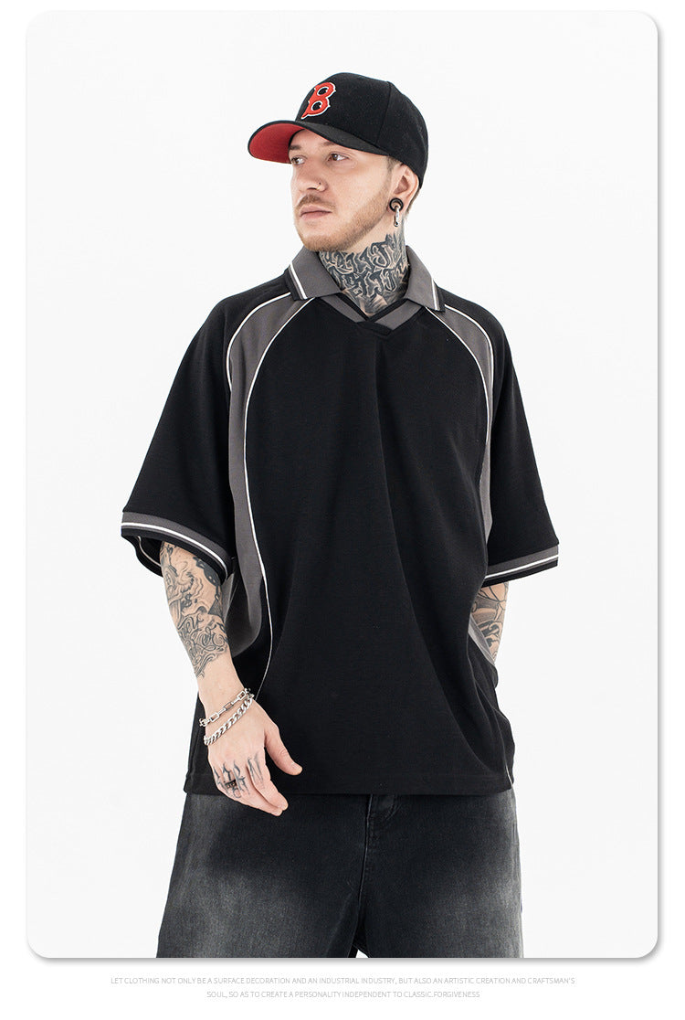 FORGIVNESS Lapel Contrasting Color Splicing Polo Shirt