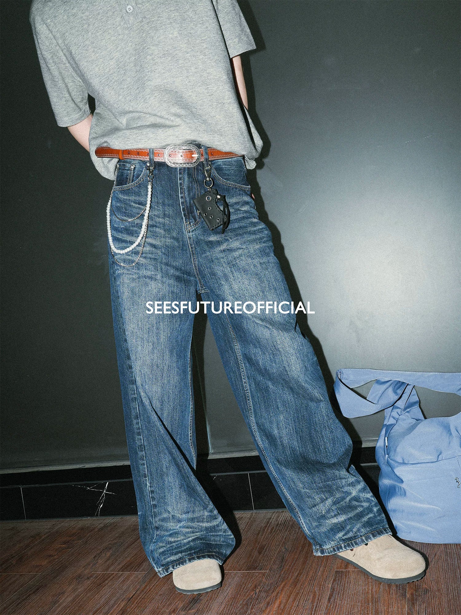 Seesfuture Water Ripple Straight Loose Jeans