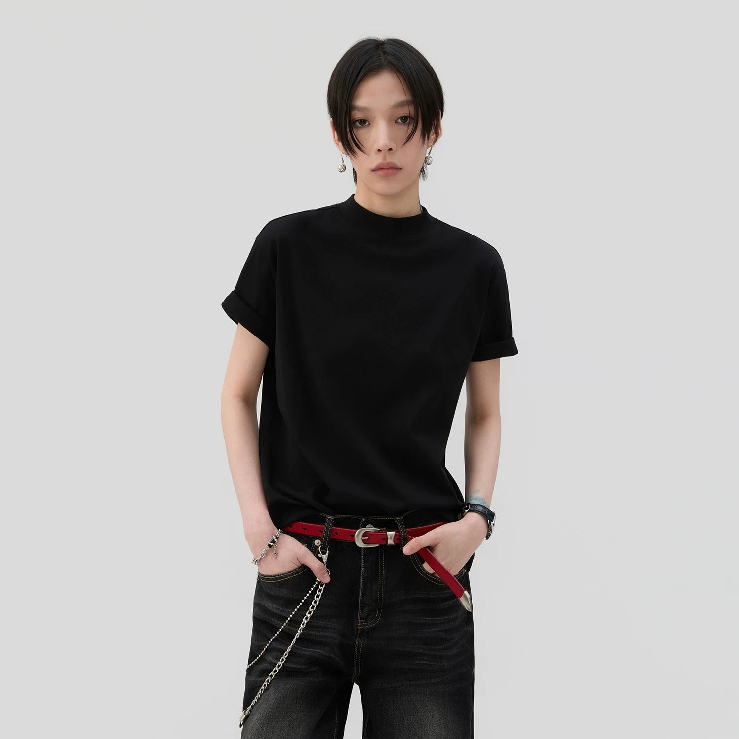 Sameuoo Small Turtleneck Shoulder Casual Tee