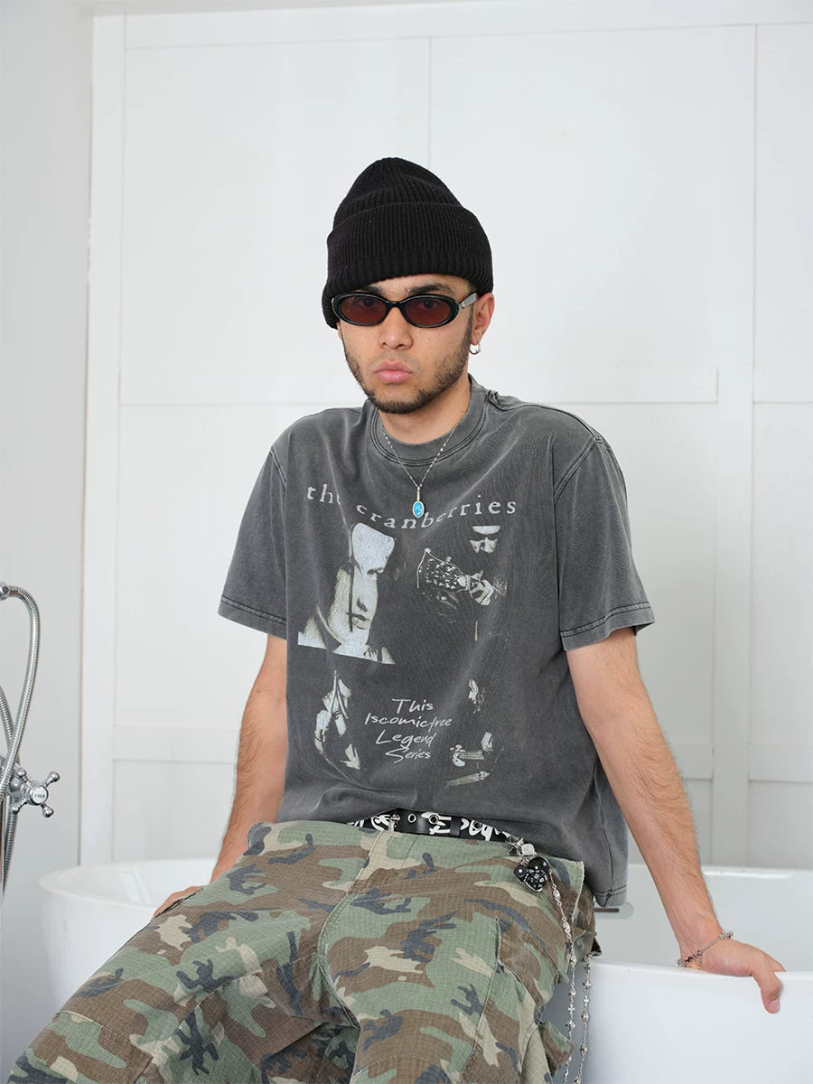COMICTREE Old Front Shoulder Crew Neck Casual Tee