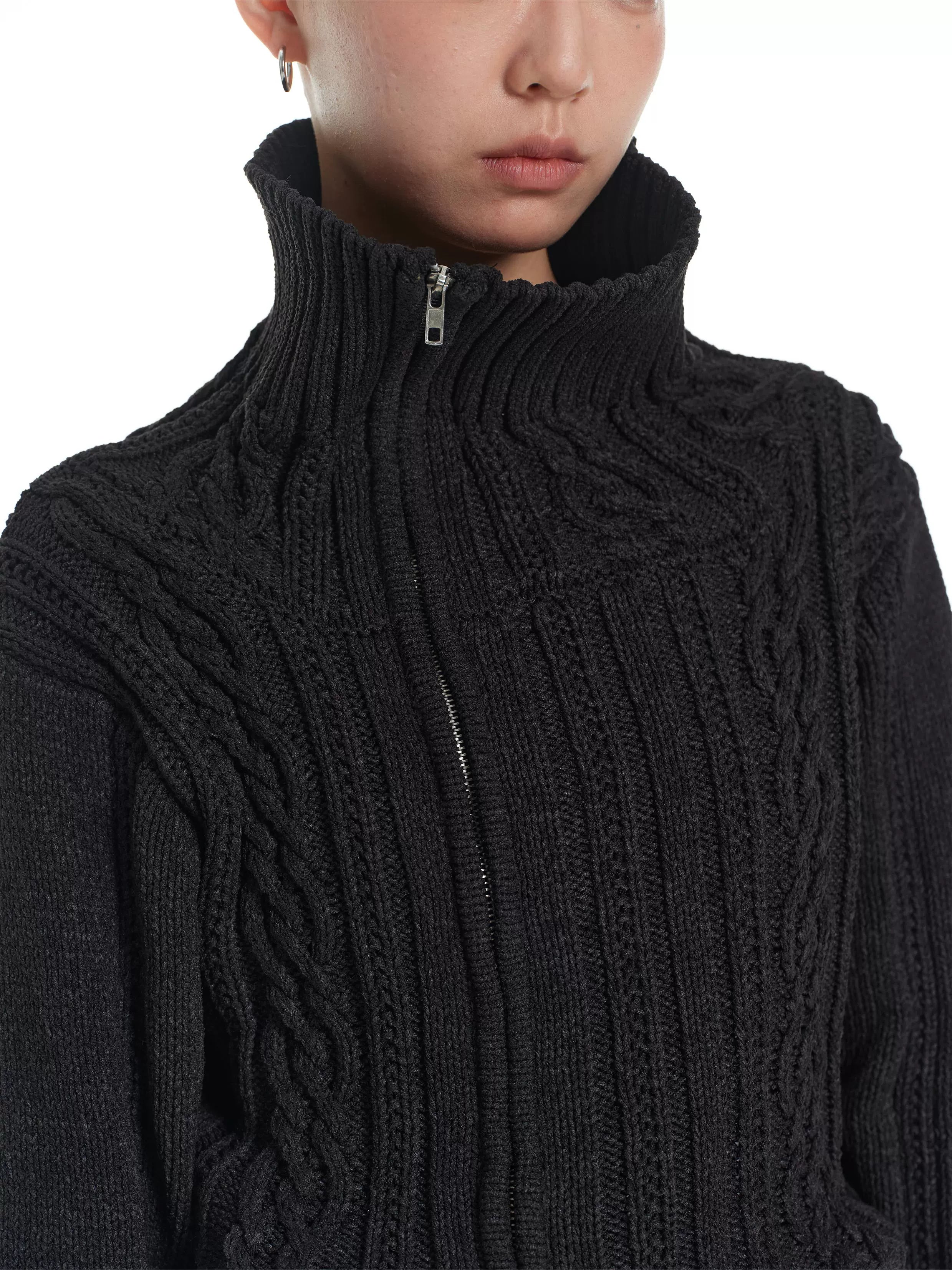 LINY LIBERTY Vintage Stand-up Neck Knitted Thick Needle Sweater Cardigan Jacket