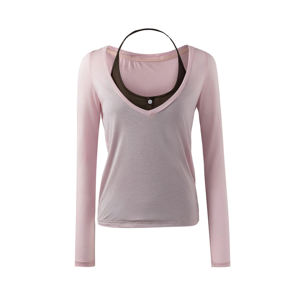 MoodBerry V-Neck Layered Loose Long-Sleeve Tee