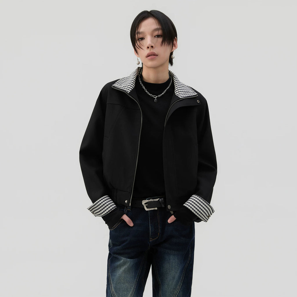 Sameuoo Plaid Stitching Casual Short Jacket
