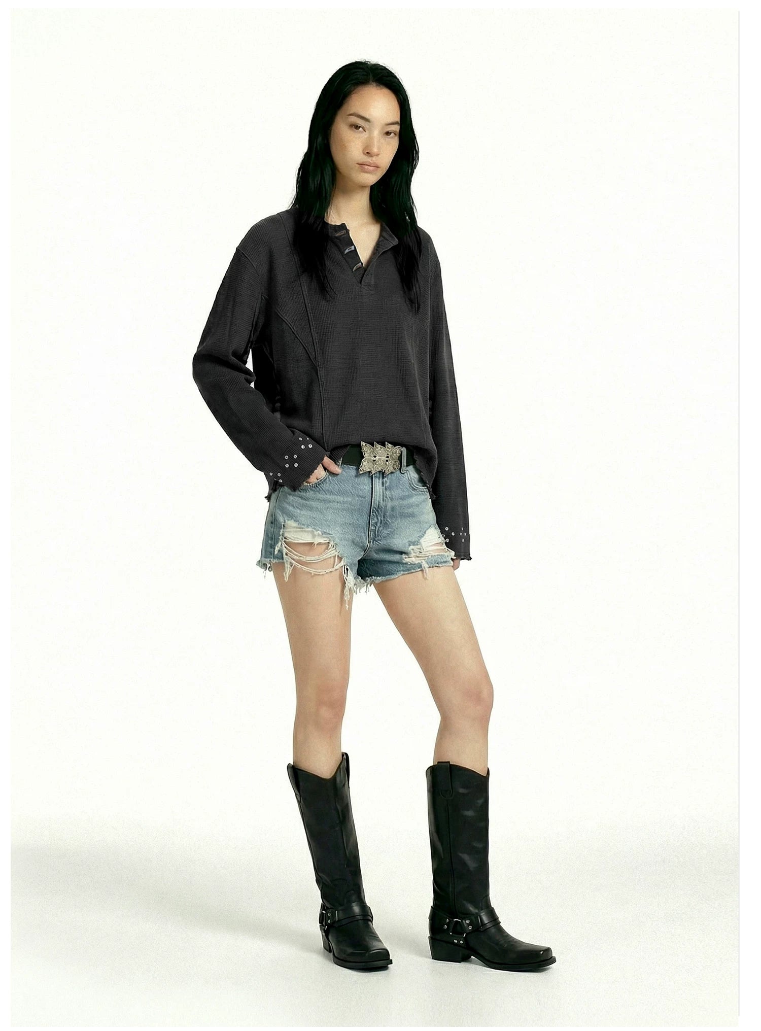 Remedy Vintage Henry Collar Rivet Waffle Long Sleeve