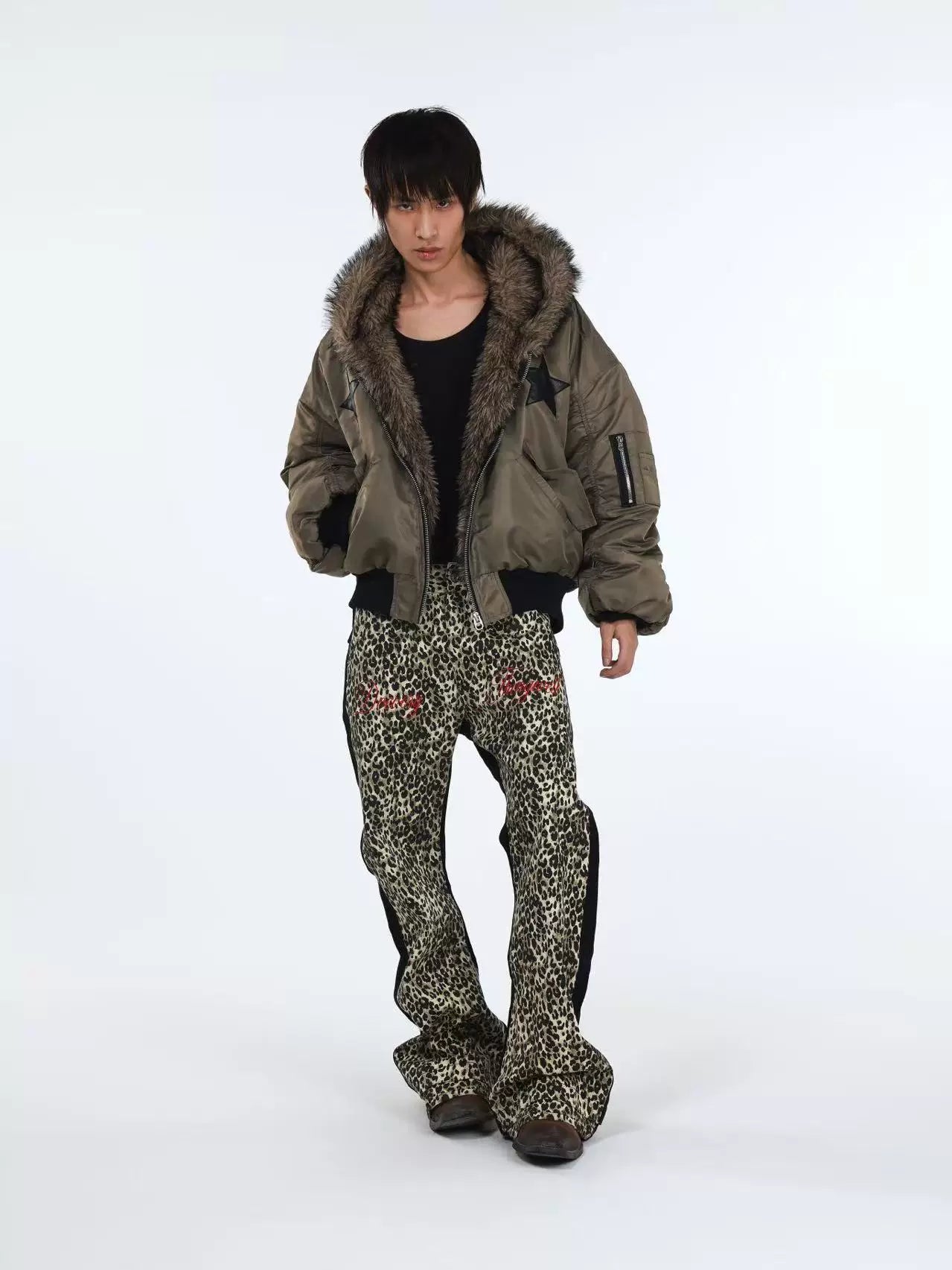 DETW Retro Double Leopard Print Micro-stack Visual Jeans