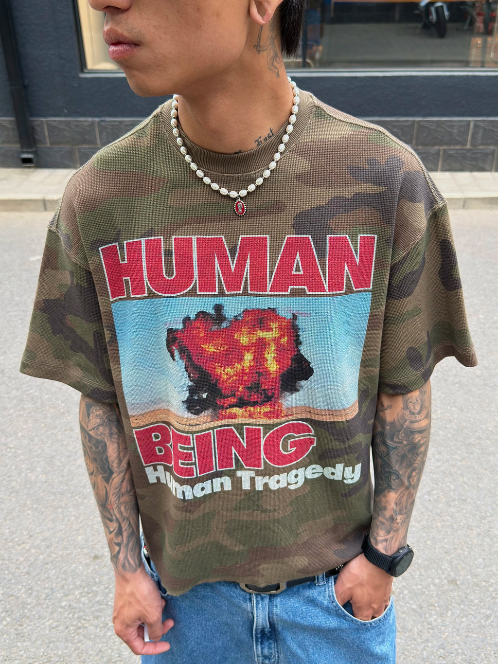 SWFI Vintage Small Collar Boxy Cropped Waffle American-Style Tee