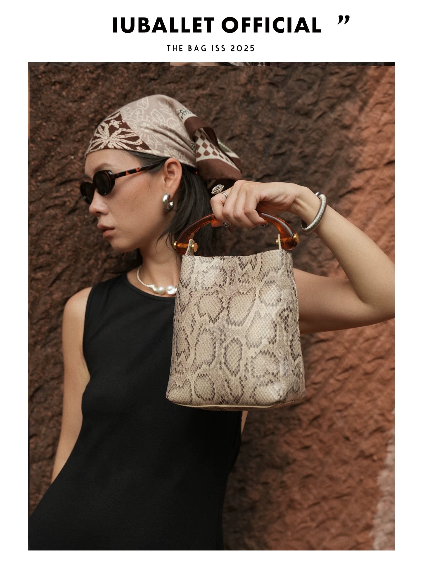 IUBALLET Vintage Snake Print Leather Bucket Bag