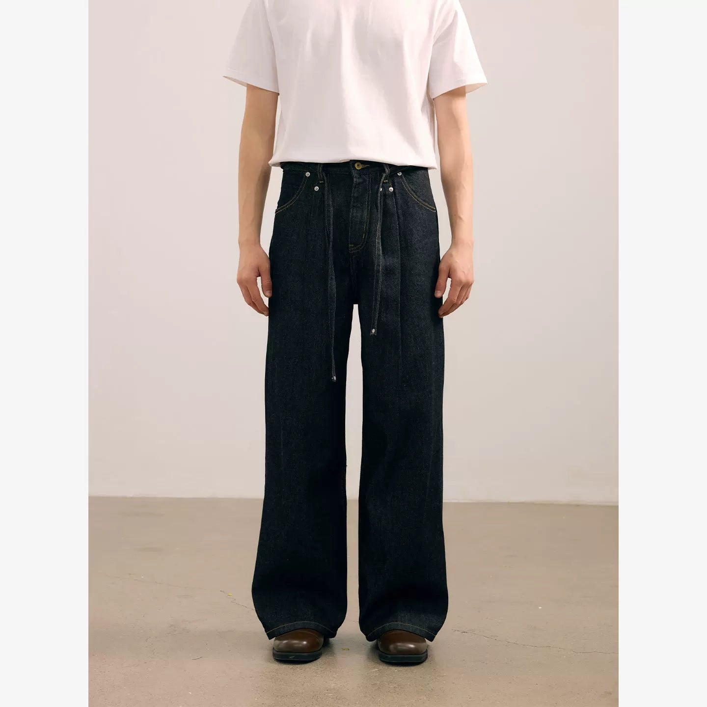 NO LOGO Kanglong Black Feather Kendo Double Pleat A-Line Loose Straight Jeans
