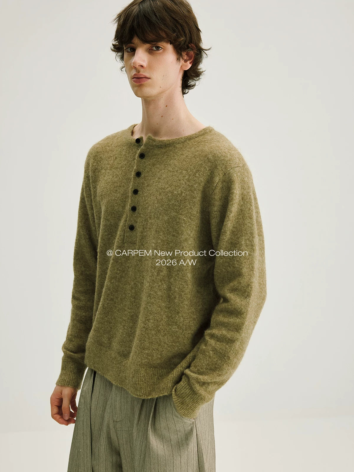 CARPEM Raccoon Patterned Yarn Henley Neck Breathable Sweater