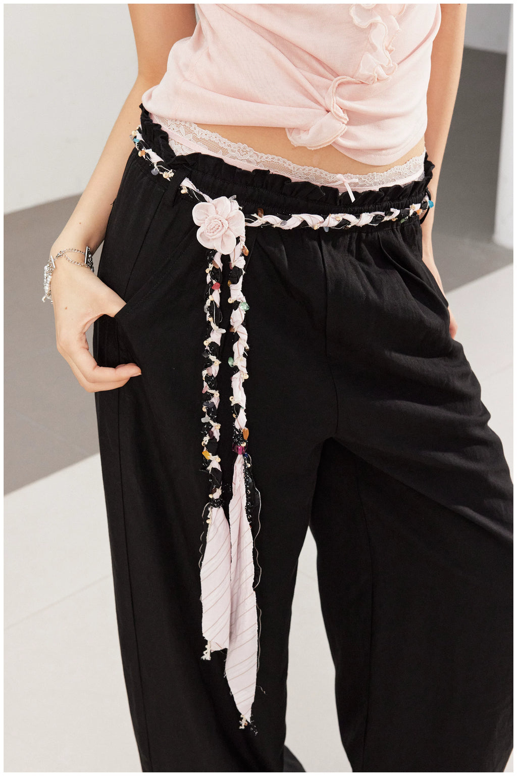 2th Desire Vintage Contrast Waist Lace Splicing Loose Straight Pants