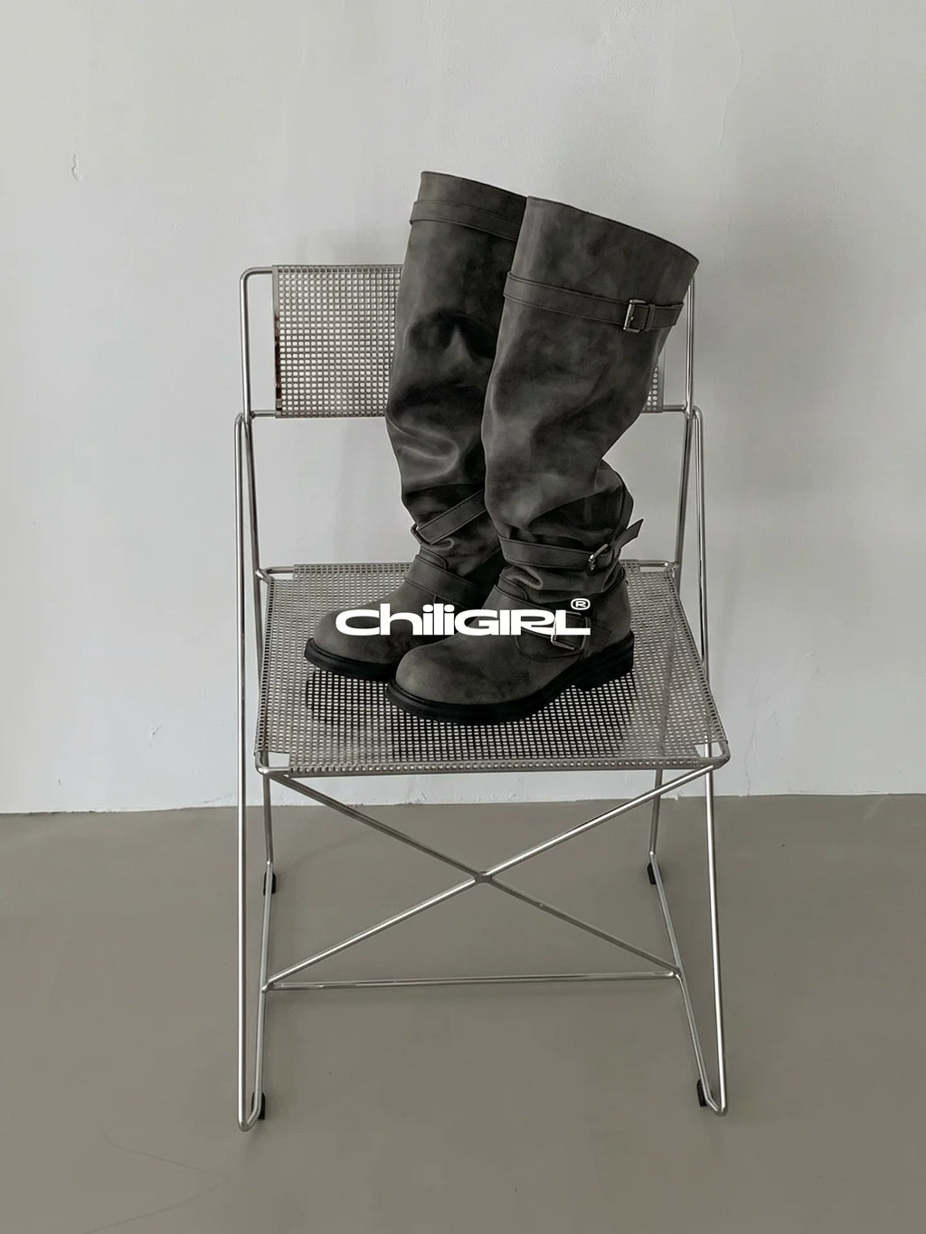 CHILIGIRL PU Buckle High-Shaft Chunky Boot