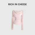 RICH IN CHEESE Swing Neck Knitted Waist Long Sleeve