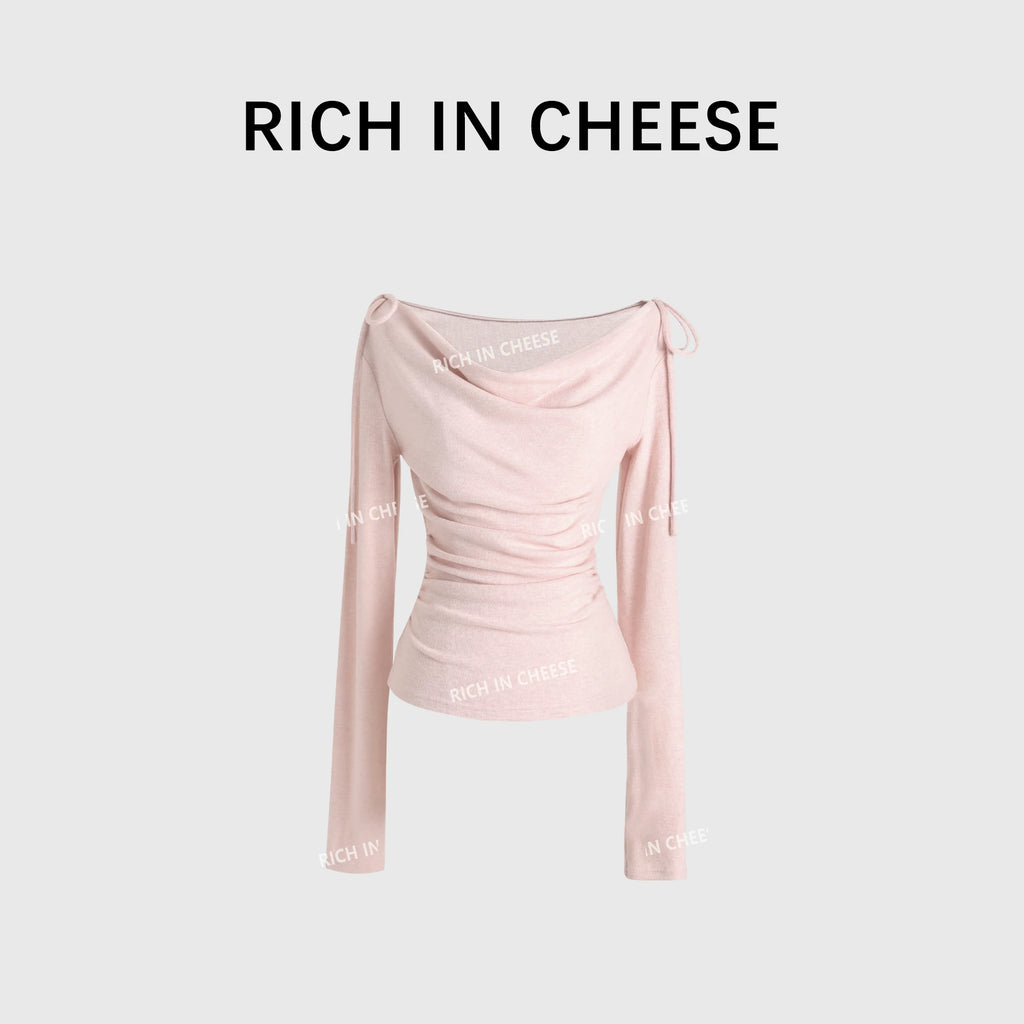 RICH IN CHEESE Pure Desire Swing Neck Knitted Waist Pleated Long Sleeves