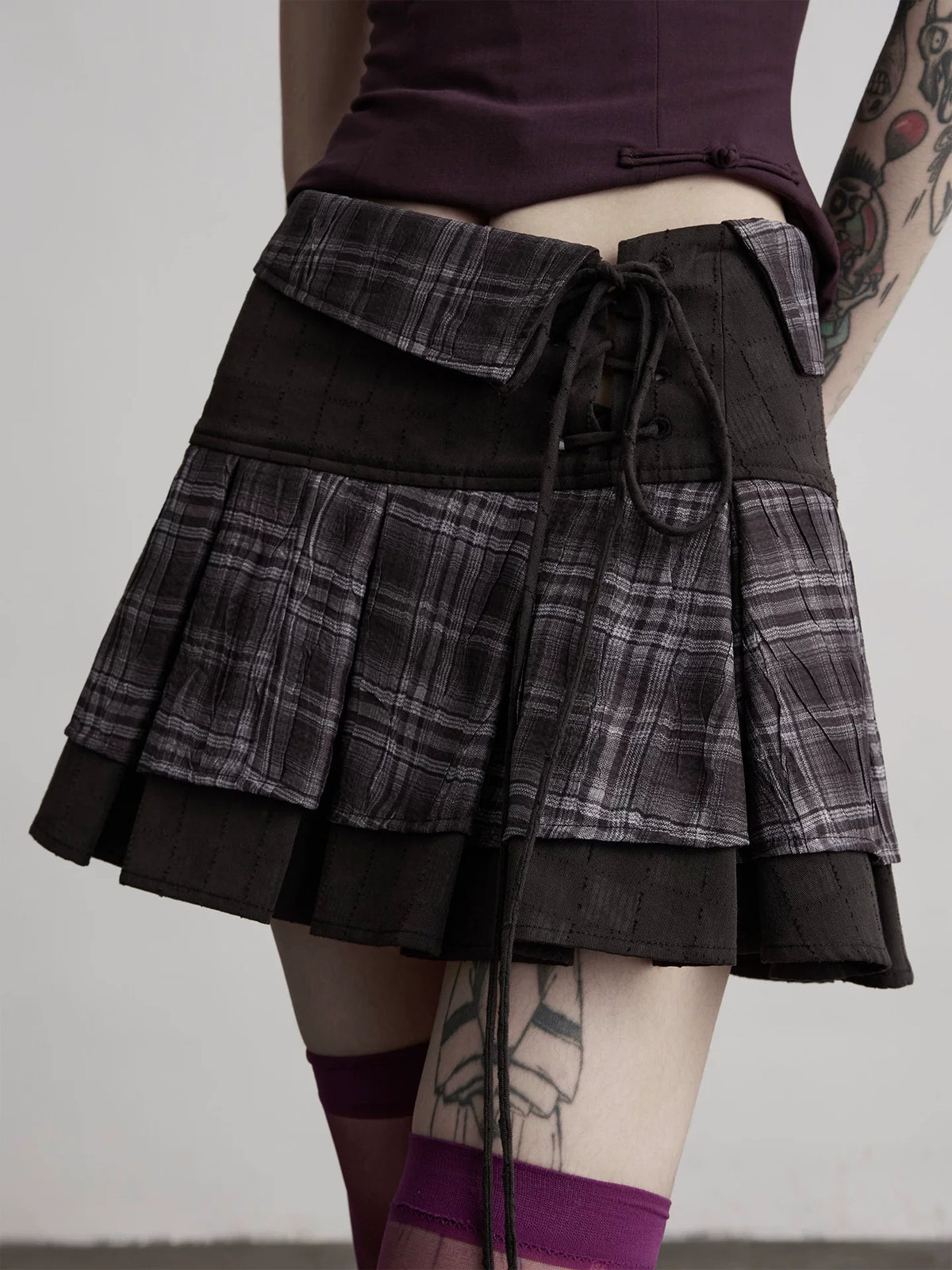 INDULGE Plaid Tie-Front Layered A-Line Skirt