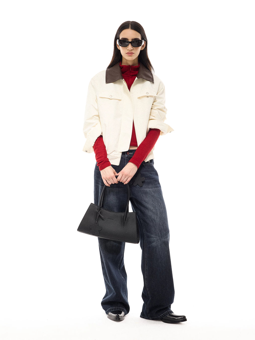 COSTUSTOOT Black Textured Faux Leather Magnetic Snap Shoulder Bag