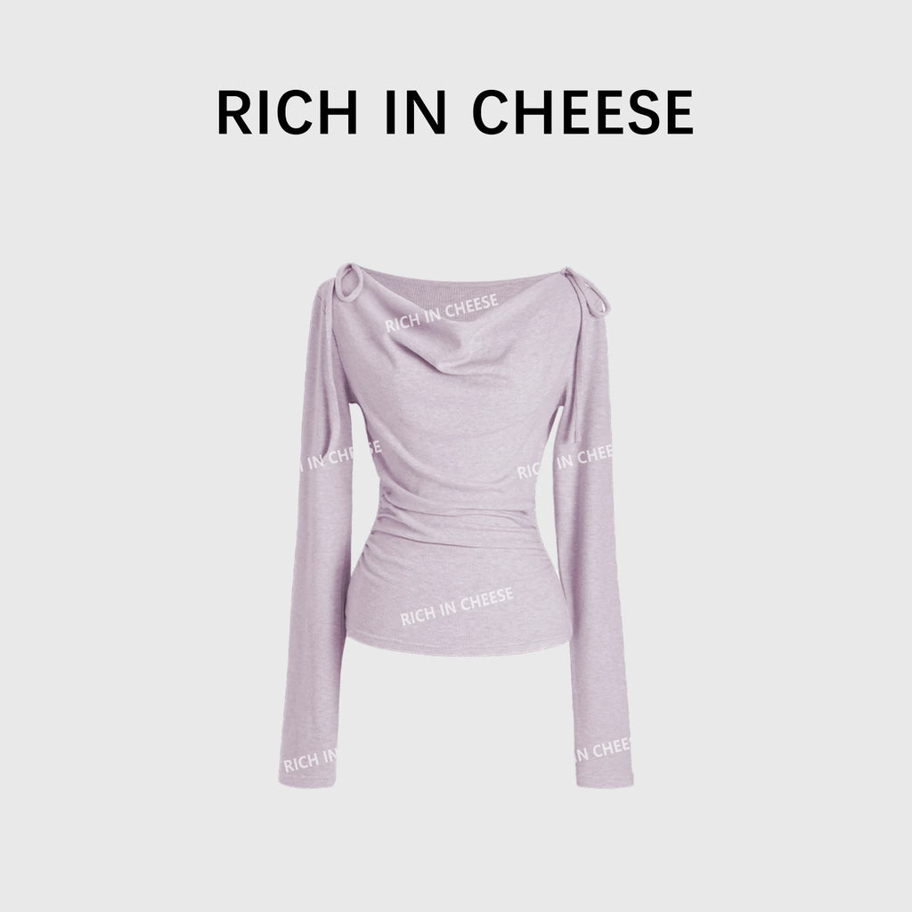 RICH IN CHEESE Pure Desire Swing Neck Knitted Waist Pleated Long Sleeves
