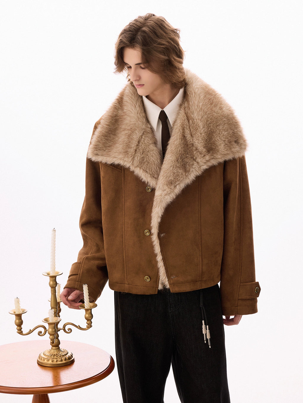 CHOR | 320g Faux Suede Bomber Jacket with Faux Fur Collar