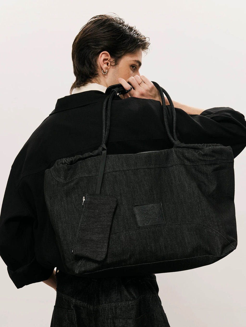 LR MADE Raw Denim Shoulder Bag With Leather Patch - Zip Top