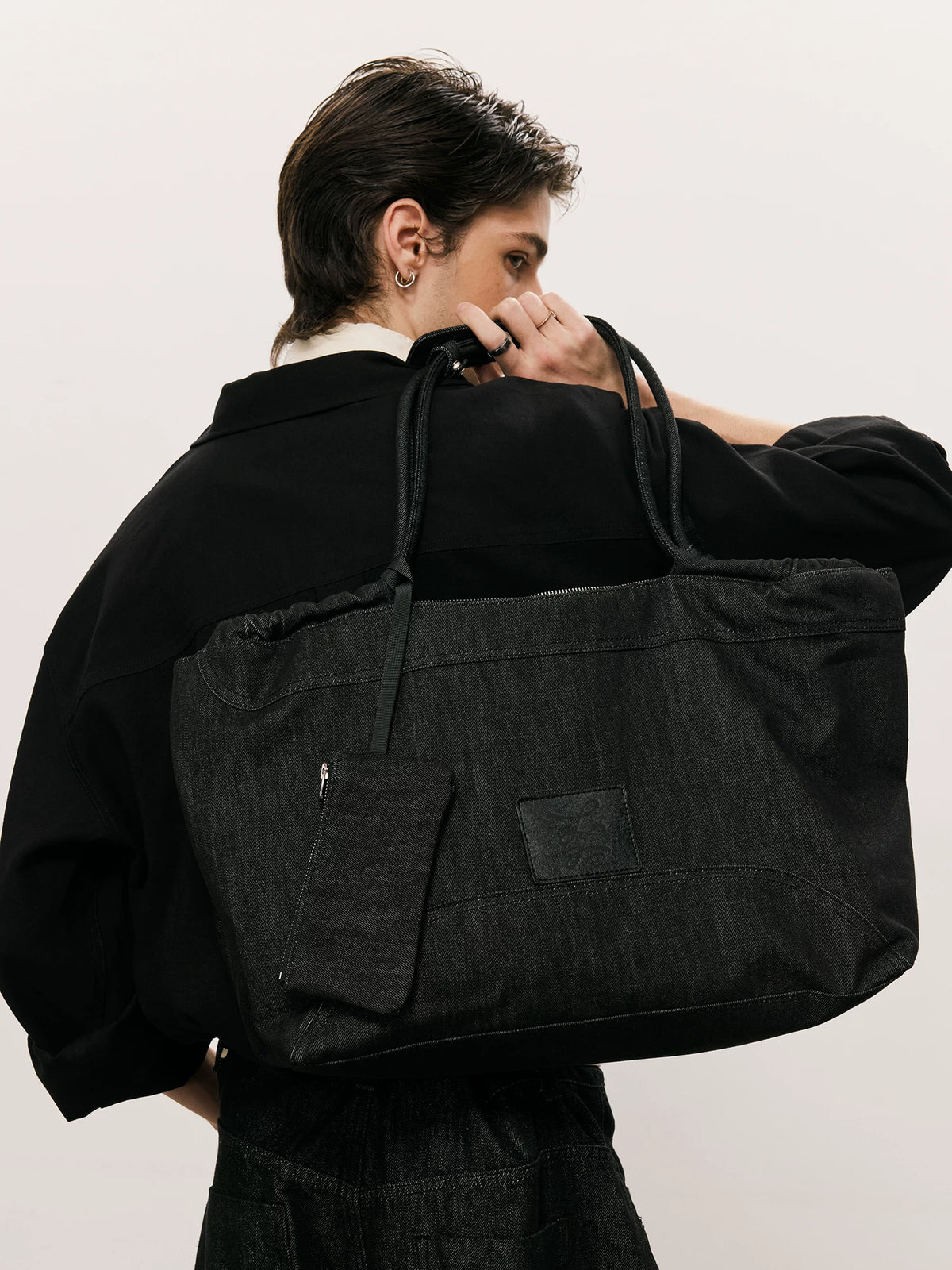 LR MADE Raw Denim Shoulder Bag With Leather Patch - Zip Top