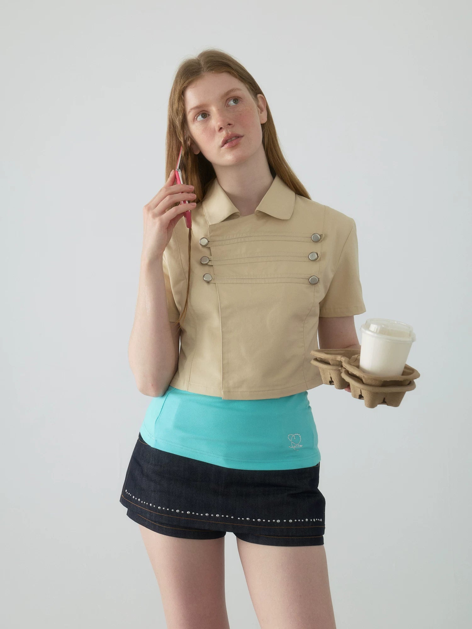 Yawhat Khaki Asymmetric Double-Breasted Cotton Shirt