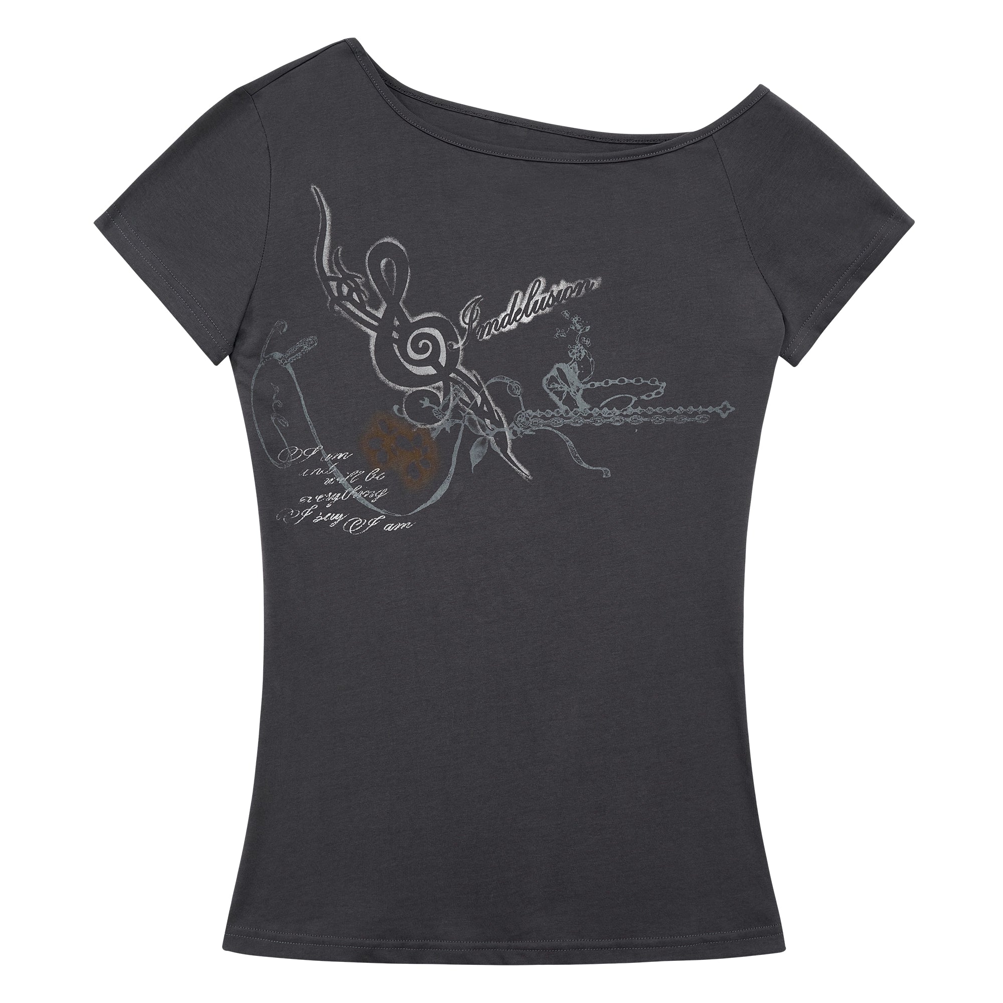 Imdelusion Open Shoulder Slant Shoulder Elastic Slim Tee