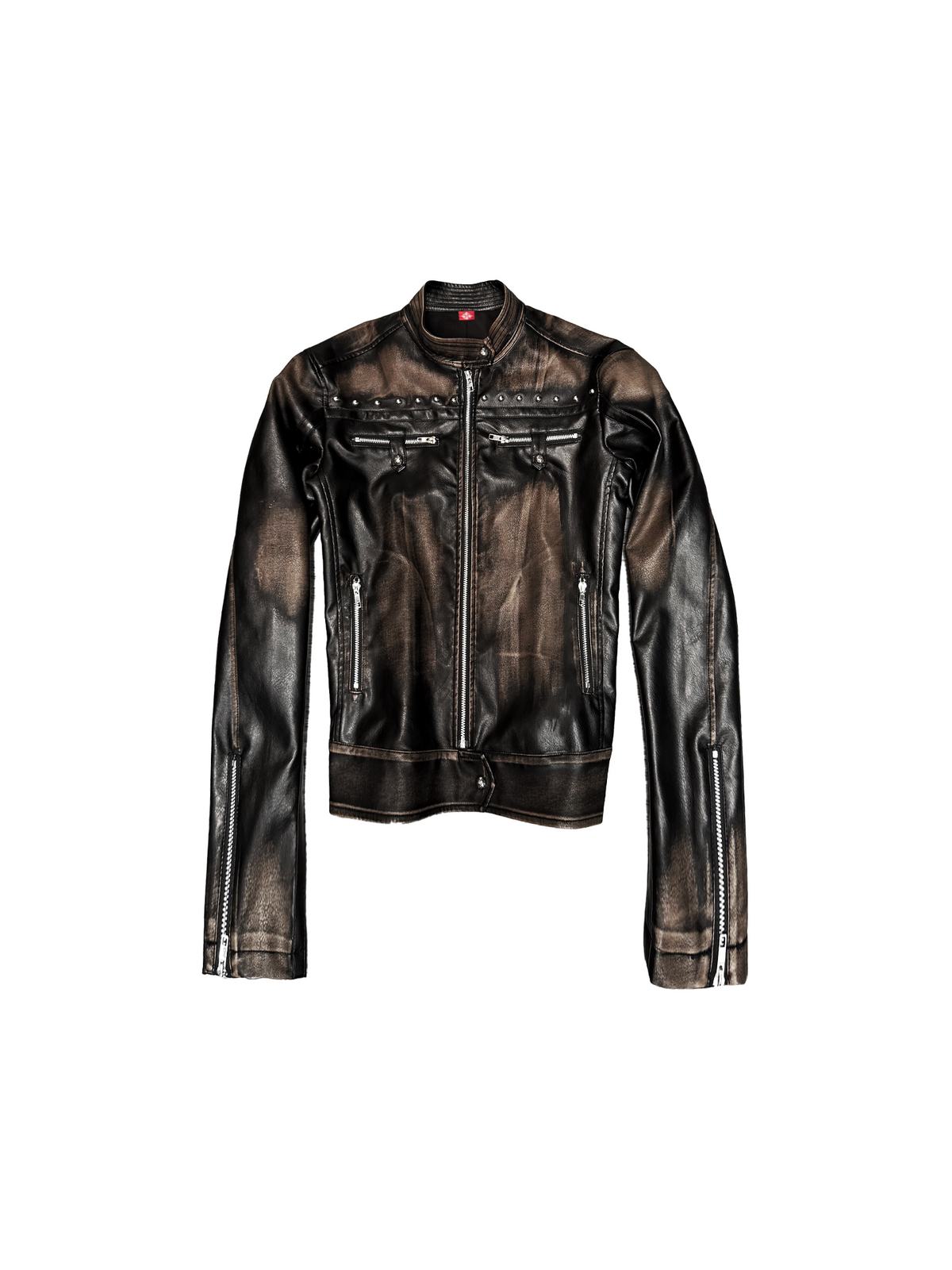 DETW Hunting Jacket Washed Rivet Stand-Collar Leather Jacket