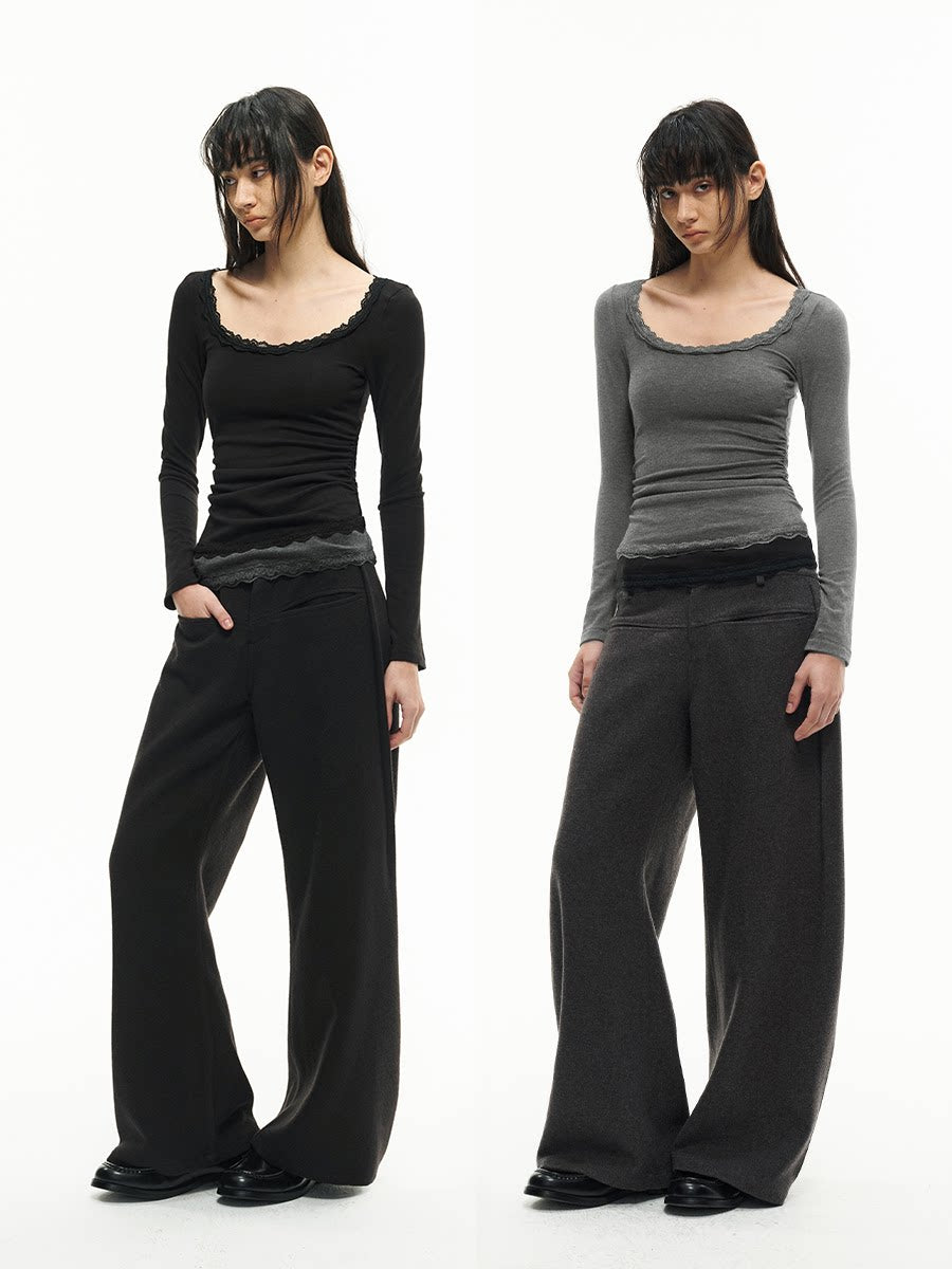 JCAESAR WOMEN Pleated Lace-Trim Merino Wool Blend U-Neck Slim Fit Tee