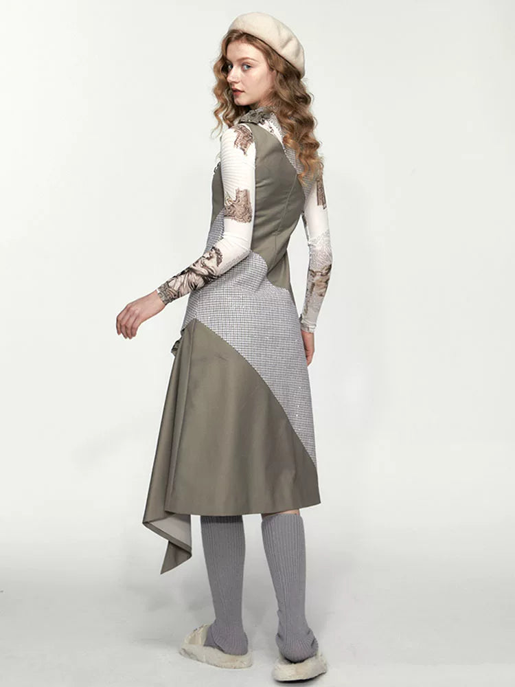 SUREENOUGH Vintage Patchwork Contrast Sleeveless Slit Dress