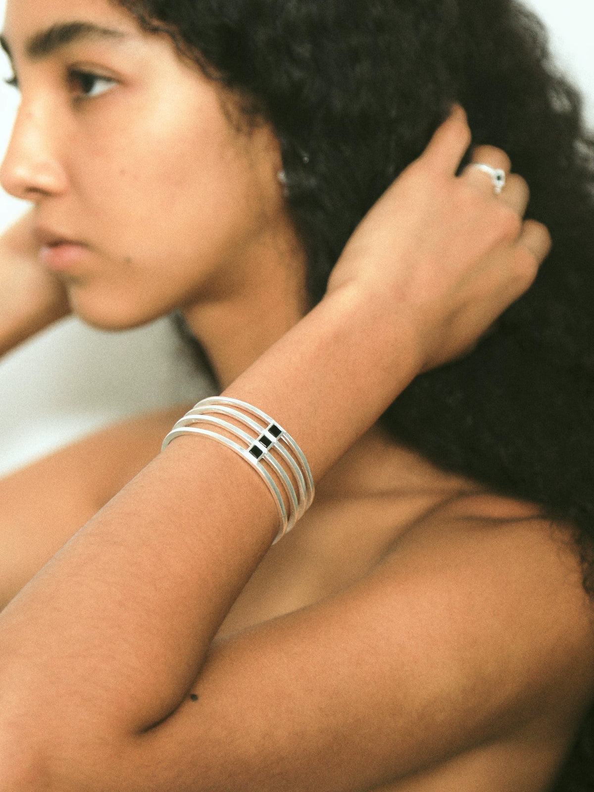 MEZZEM Black Onyx Multi-Layer Hollow Wide Bracelet
