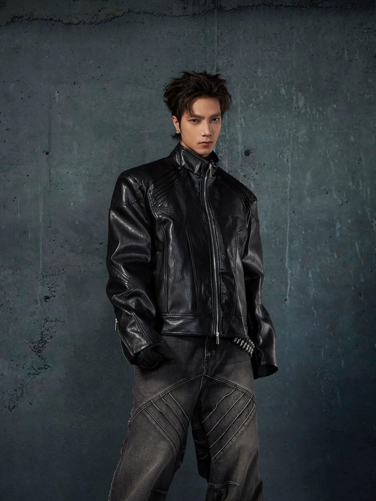 NUndefined Leather Jacket Stand-up Collar Motorcycle Jacket Zipper Jacket