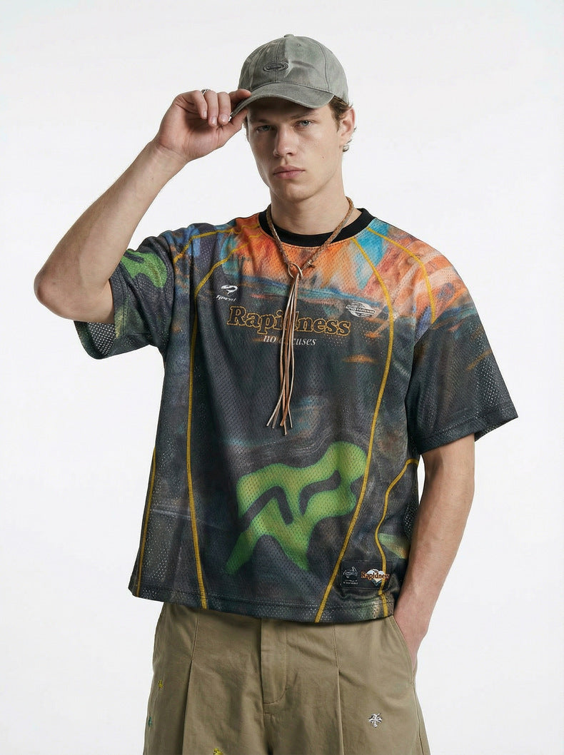Inflation Contrast Color Line Retro Sports Short Sleeve T-Shirt