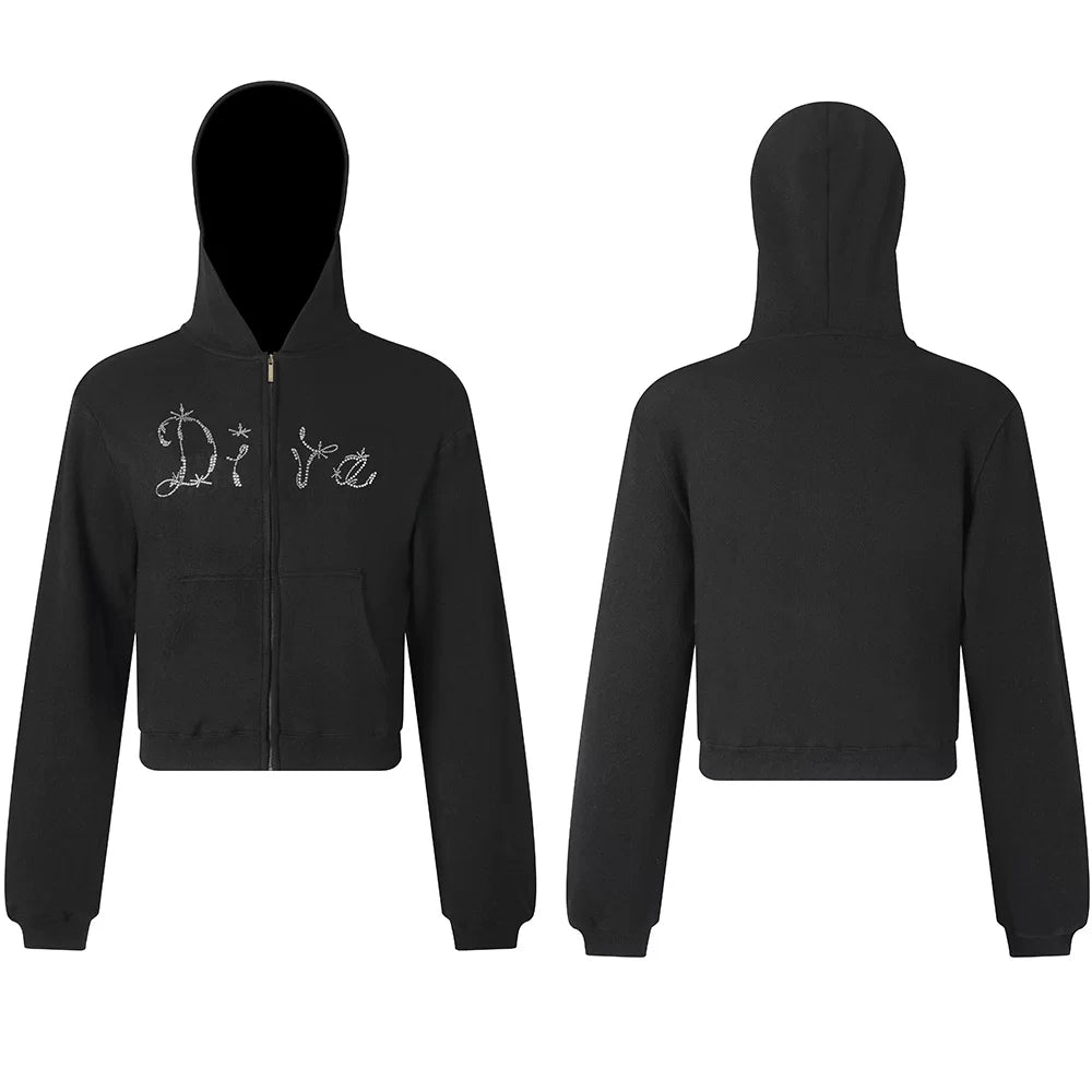FayChui DIVA Rhinestone Loose Hooded Zip-Up Sweatshirt