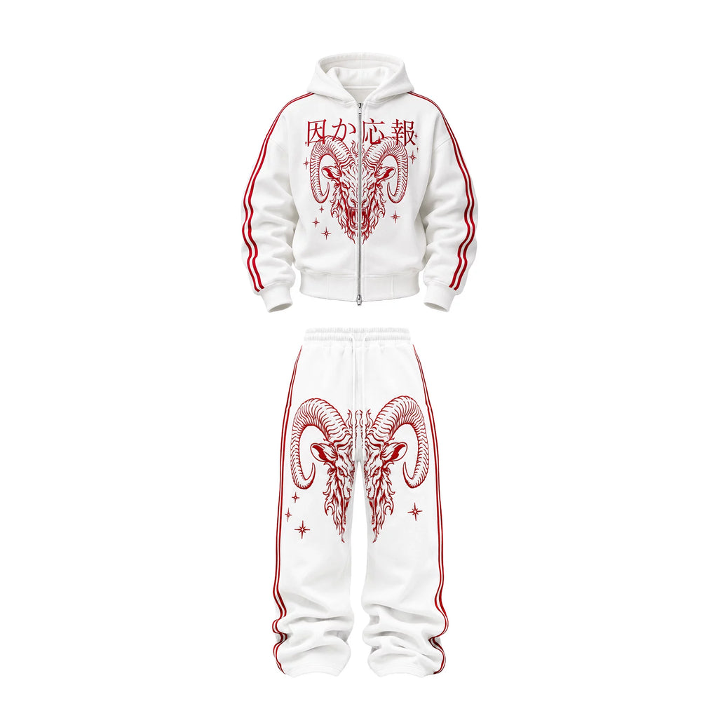 KARMANISTIC American Retro Ram Embroidery Striped Loose Wide-Leg Sweatpants