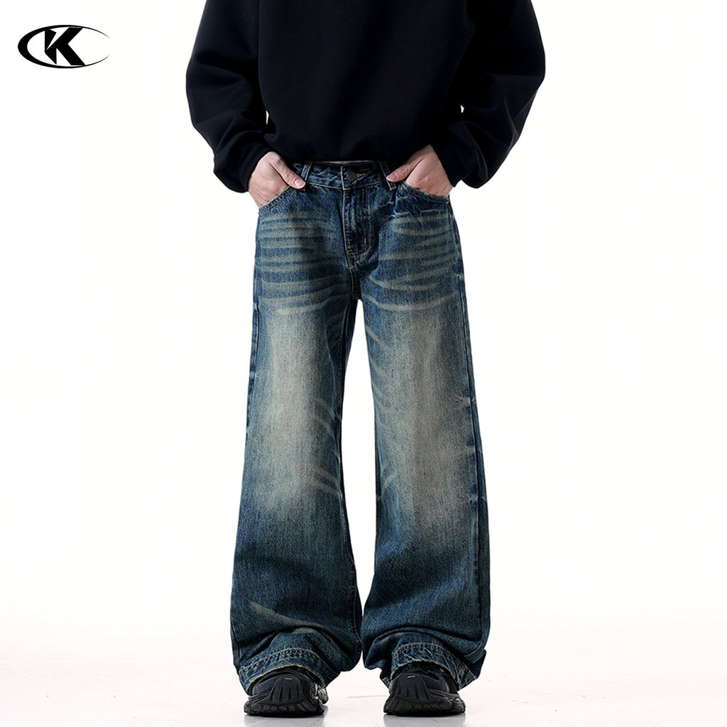 11KN American Retro Cleanfi Heavy High Street Washed Blue Loose Straight Wide Leg Long Jeans
