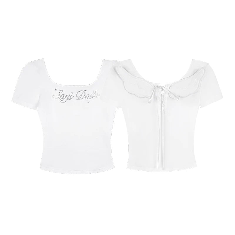 SagiDolls White Angel Wing Rhinestone Slim Fit Tee