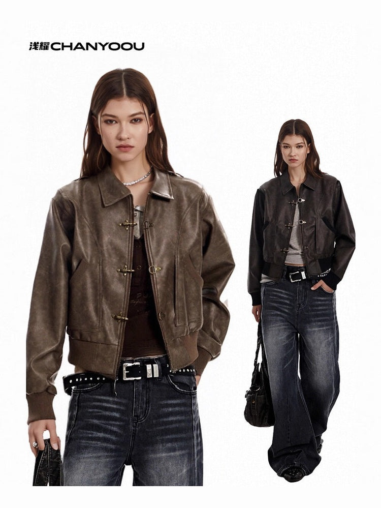 CHANYOOU Vintage Plane Buckle Leather Jacket