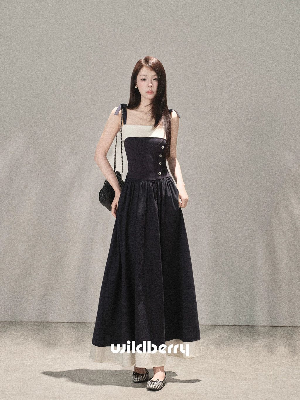 Wildberry Korean Style Strappy Dress with Patchwork Design High-Waist Long Dress