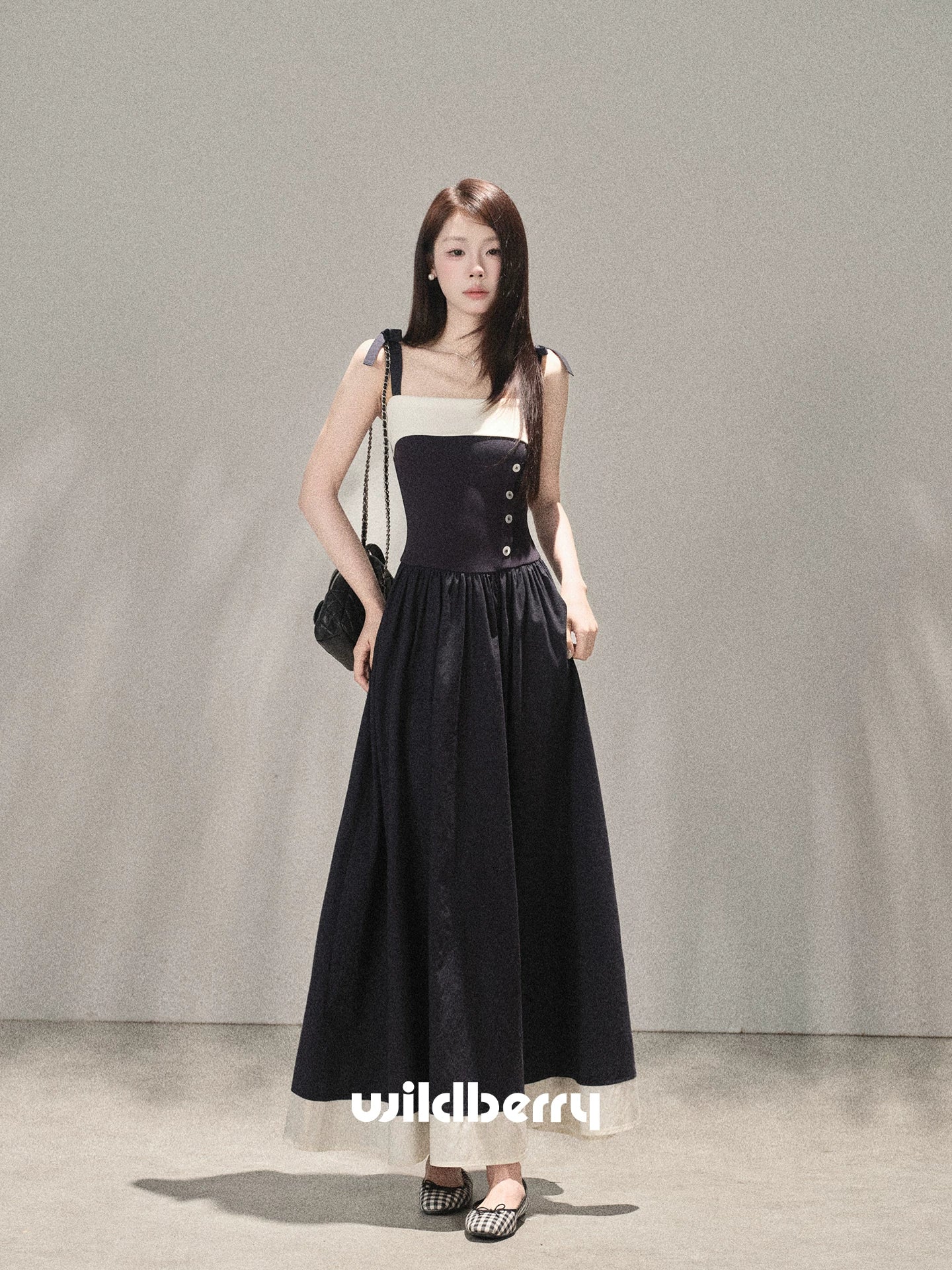 Wildberry Korean Style Strappy Dress with Patchwork Design High-Waist Long Dress