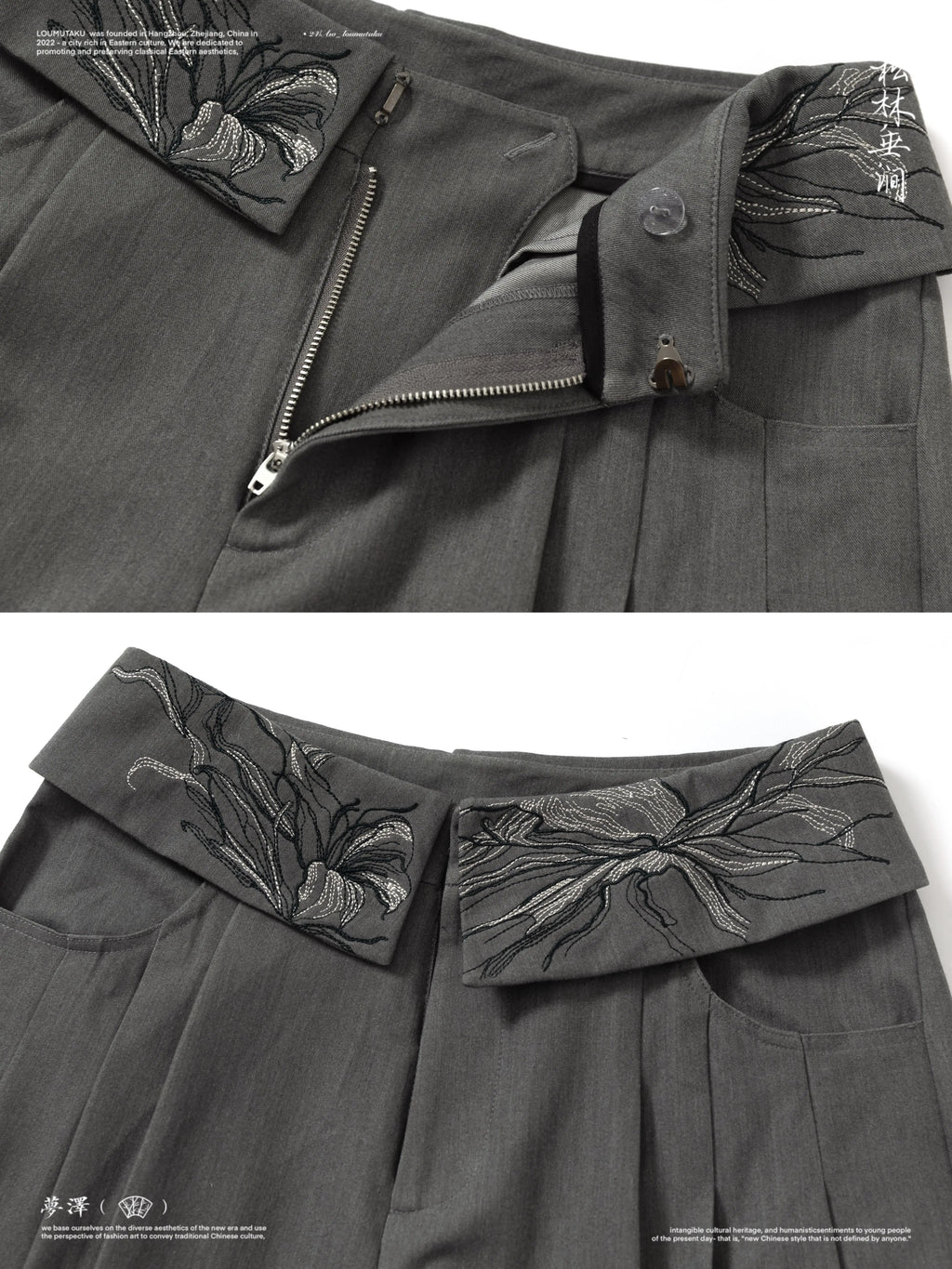 LOUMUTAKU Floral-embroidered Loose-fitting Wide-leg Suit Pants