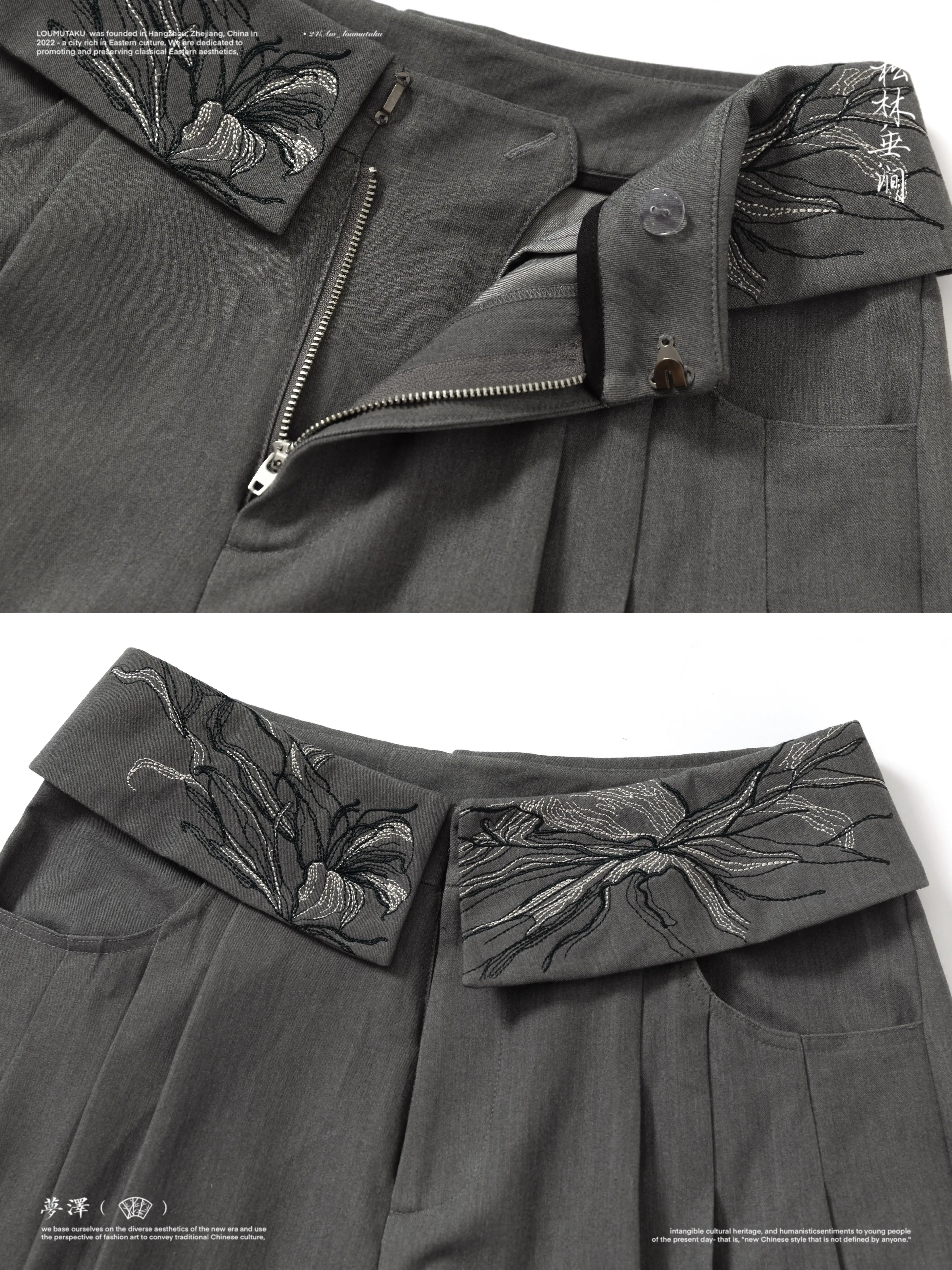 LOUMUTAKU Floral-embroidered Loose-fitting Wide-leg Suit Pants