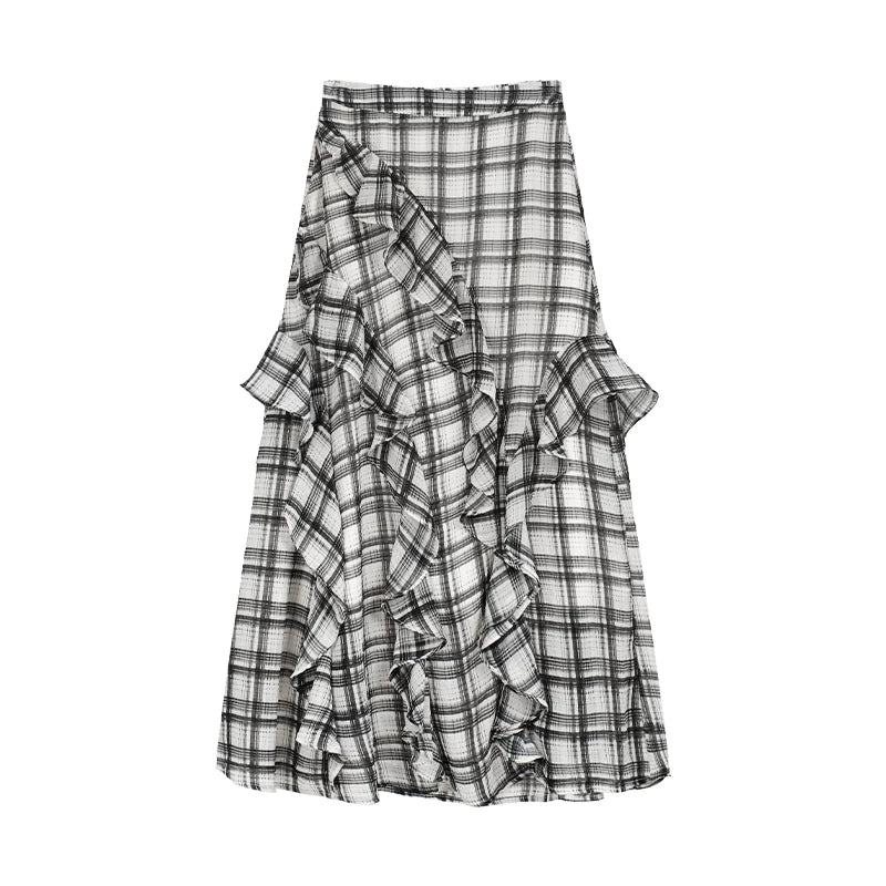 COSTUSTOOT Black White Plaid Breathable Mid-Rise Irregular Skirt
