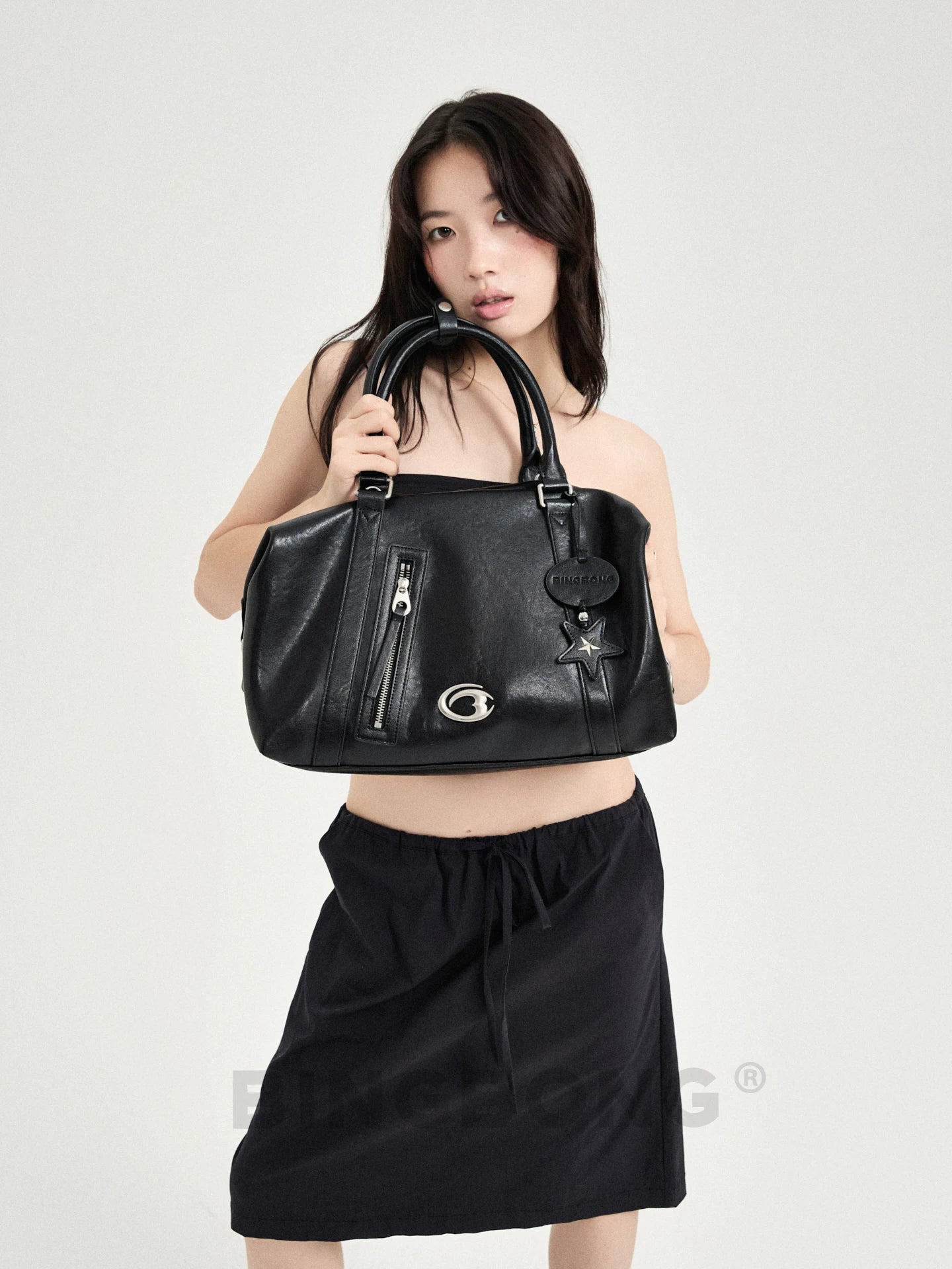 BINGBONG Black Leopard-Print Faux Leather Zip-Top Shoulder Bag