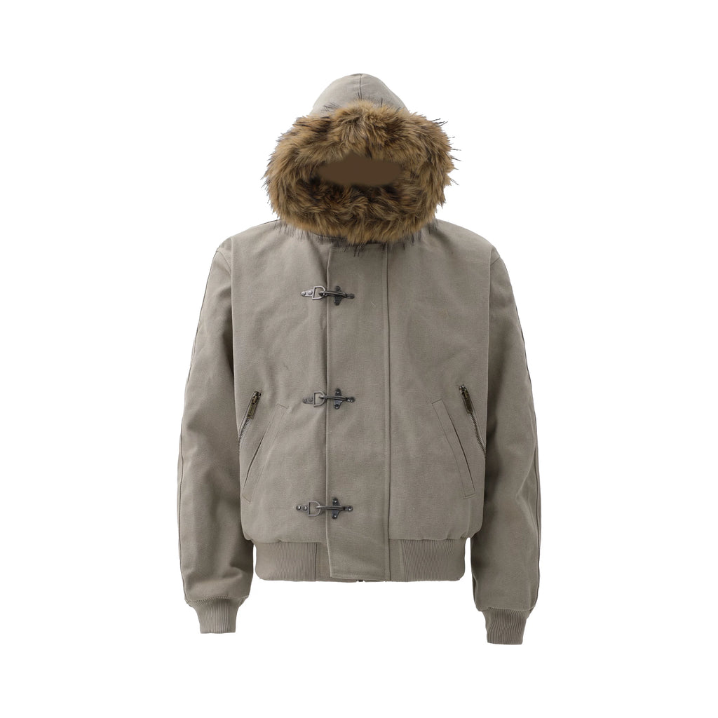 ZOZOFOREST Removable Fur Collar Plush Bead Canvas Seat Mountain Carving Jacket