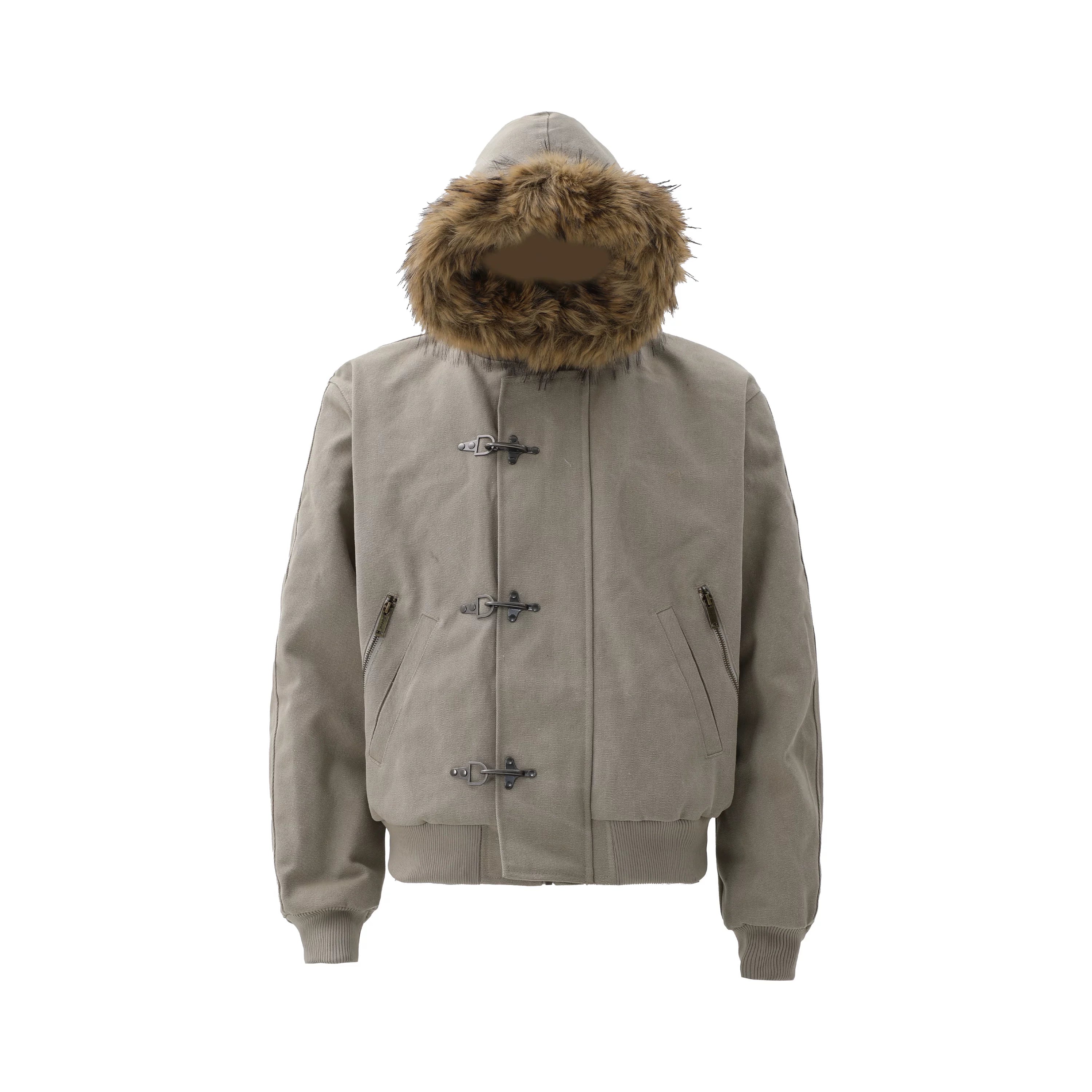ZOZOFOREST Removable Fur Collar Plush Bead Canvas Seat Mountain Carving Jacket